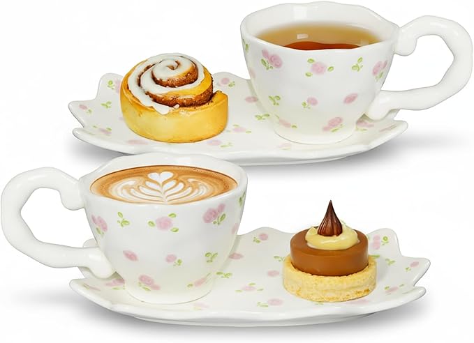Unique Ceramic Coffee Mug, Cup and Saucer Set, Cute Fancy Girly Afternoon Tea Set Purse Gift, 5.4 oz/160 ml, Pink flowers Set of 2