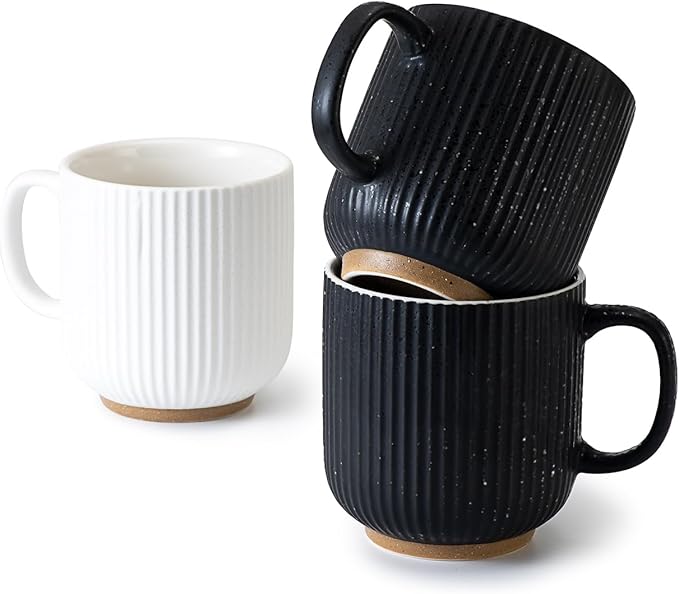 Black and White Ceramic Coffee Mugs Set of 4 (12 oz) Large Ceramic Coffee Cups Set Ribbed Coffee Mugs Set, Big Mugs Set with Handle Suitable for Latte, Cappuccino, Milk, Cocoa, Tea, Juice