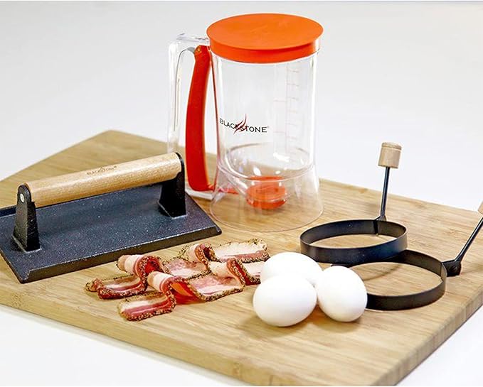 Blackstone 1543 4-Piece Griddle Breakfast Kit with Batter Dispenser, Bacon Press, and Two Egg Rings