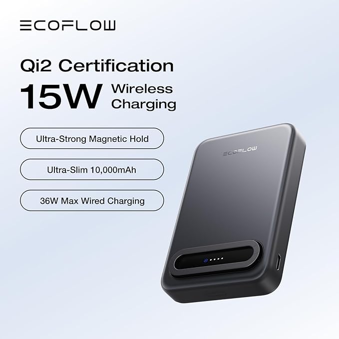 EF ECOFLOW Rapid Mag Power Bank 10,000mAh, Qi2 Certified 15W Wireless Charging, 0.6'' Ultra-Slim Magnetic Portable Charger, Fast Charging Magnetic Battery for iPhone 17/16/15, Galaxy, Google, Black