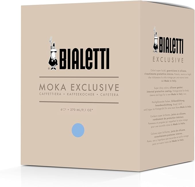 Bialetti Mocha Exclusive Sky Blue 6 Cup Open Fire (Coffee Maker, Espresso Maker, Makinetta)
