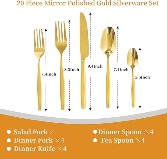 Gold 20-Piece Silverware Set,Stainless Steel Flatware Utensils Cutlery Set for 4,Including Steak Knife Fork and Spoon,Dishwasher Safe,Modern Tableware for Home & Dining
