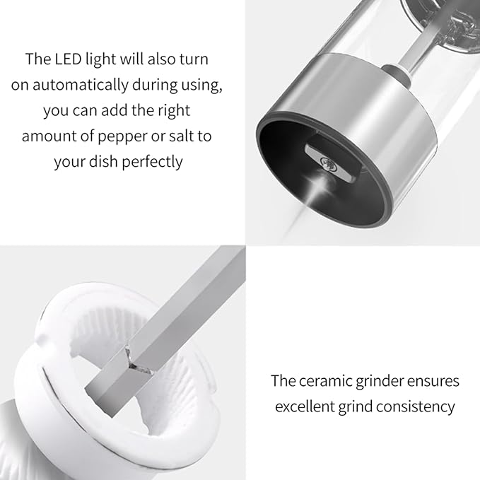 RECHARGEABLE - Electric Pepper and Salt Grinder Set, Adjustable Coarseness, With LED Light, One Hand Automatic Operation (A/Silver)