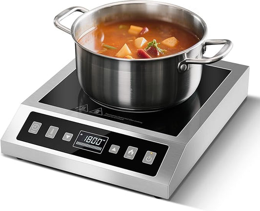 AMZCHEF Induction-Cooktop-Commercial: 1800W Induction Burner with Large 8" Heating Coil, Portable Hot Plate with 8 Temperature & Power Levels, LCD Screen & 10 Hour Timer