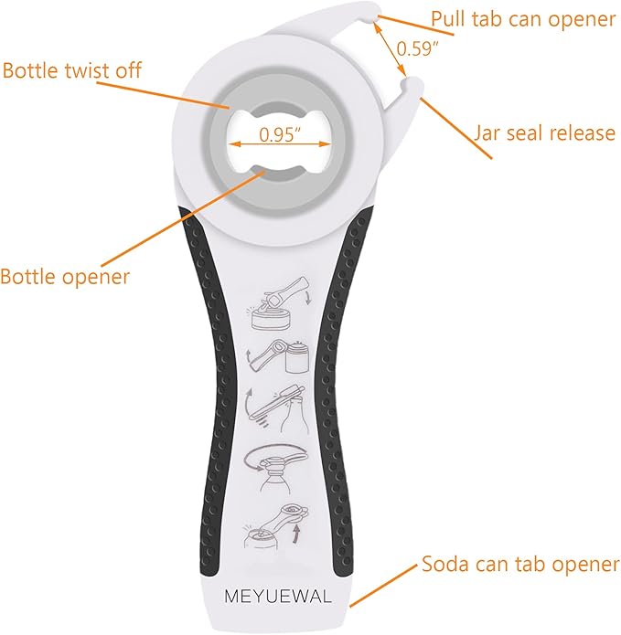 Jar Opener Bottle Opener for Weak Hands, 5 in 1 Multi-Function Can Opener Bottle Opener Kit with Silicone Handle Easy to Use for Children, Elderly and Arthritis Sufferers (White)