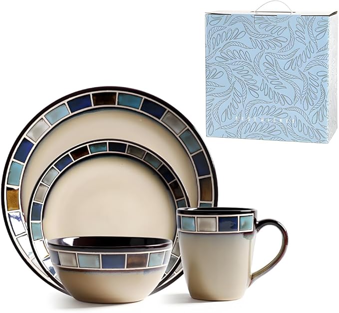 Ceramic Dinnerware Set of 4, 4 Pieces Dishes Set,Plate and Bowl Set, Unique Gift Idea, Scratch Resistant Dishes, Dishwasher & Microwave Safe(Blue)
