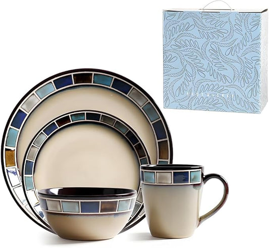 Ceramic Dinnerware Set of 4, 4 Pieces Dishes Set,Plate and Bowl Set, Unique Gift Idea, Scratch Resistant Dishes, Dishwasher & Microwave Safe(Blue)