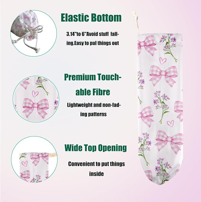 2 Pcs Bow Tie Plastic Bag Holder, Lavender Wall Mount Grocery Bag Holder for Plastic Bags, Washable Reusable Grocery Bags Storage Dispenser for Home Kitchen Pantry Decor, Flowers Gifts for Women Mom