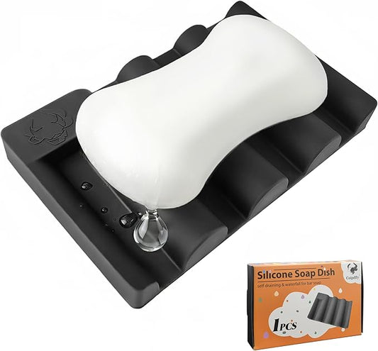 Silicone Soap Dish, Self Draining Soap Holder Perfect for Shower, Bathroom Sink, Kitchen Sink & Travel, Non-Slip Bar Soap Holder Extend Soap Life, Keep Soap Bars Dry Clean & Easy Cleaning (Black-1PCS)