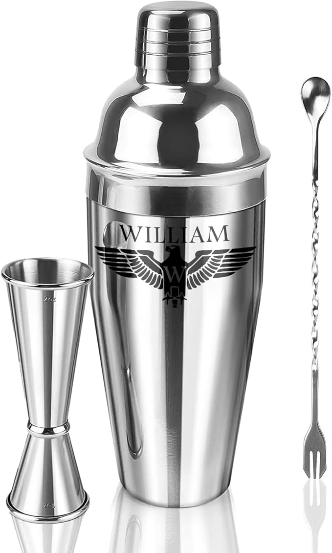 Personalized Cocktail Shaker 24oz - Custom Stainless Steel Bar Kit with Engraved Name, Built-in Strainer & Measuring Jigger & Spoon, Gift for Bartenders & Cocktail Lovers (Eagle Design)
