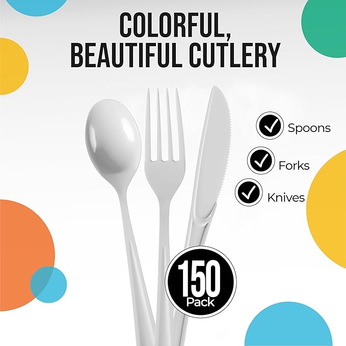 Party Solids White Plastic Silverware Heavy Duty 150 Pieces White Disposable Silverware Heavy Duty, Utensil Sets, 50 Of Each Forks, Knives & Spoons Disposable Cutlery Set For Party Supplies