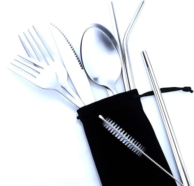 Silver Reusable Utensils with Case Camping Travel Silverware Set,Portable Stainless Steel Cutlery Set - Matte Flatware Set Knife Fork Spoon Mirror Straws Chopsticks - for Office Lunch, Hiking, School