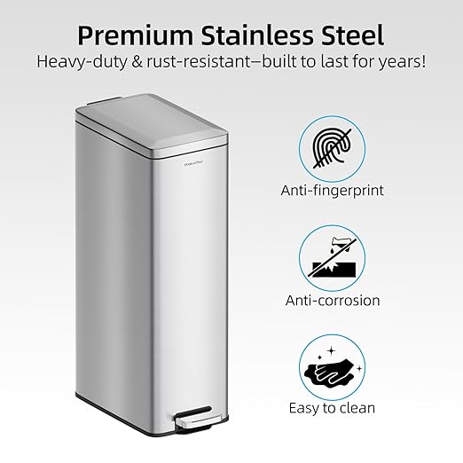 8 gallon/30L Slim Stainless Steel Garbage Can with Soft Close lid for Small Spaces，Pedal Fingerprint Proof Trash Bin with Removable Inner Bucket for Kitchen