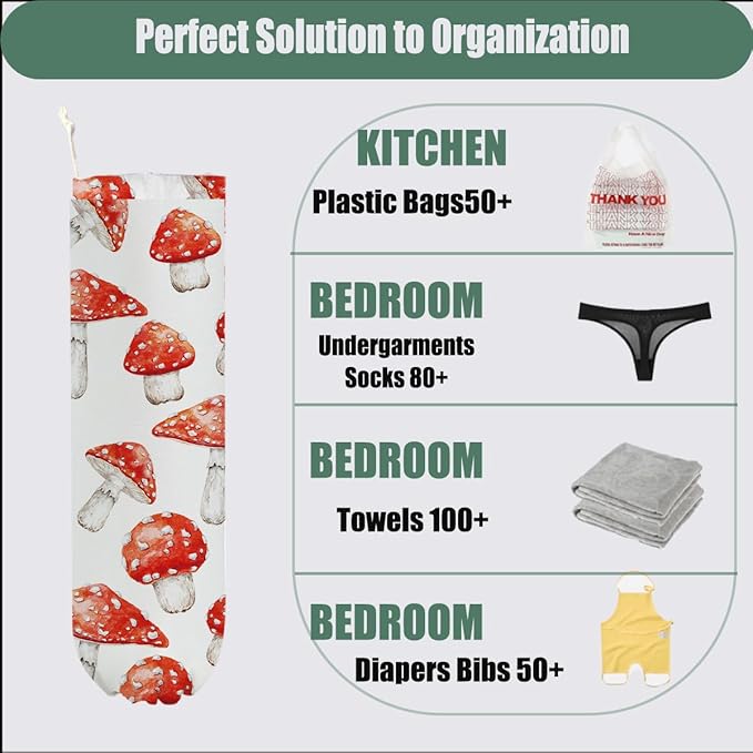 2 Pcs Mushroom Plastic Bag Holder, Floral Butterfly Grocery Bag Holder for Plastic Bags, Reusable Washable Shopping Bags Storage Dispenser for Home Kitchen Pantry Decor, Cute Mushroom Gifts for Women