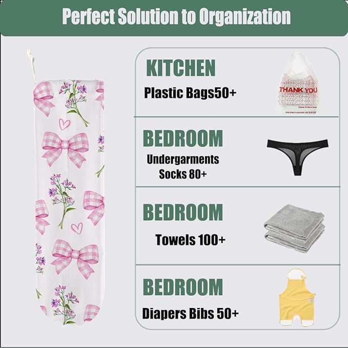 Bow Tie Plastic Bag Holder, Wall Mount Grocery Bag Holder for Plastic Bags, Flower Heart Reusable Grocery Bags Storage Dispenser for Home Kitchen Pantry Decor, Pink Bow Tie Gifts for Women Mom
