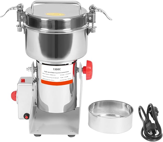 1500g Electric Grain Grinder Mill, 4100W Dry Cereals Pulverizer Commercial Superfine Grinding Machine High Speed Multi-Function Grain Grinder 50-300 Mesh Timing 1-5 Minutes (1500g/4100W)