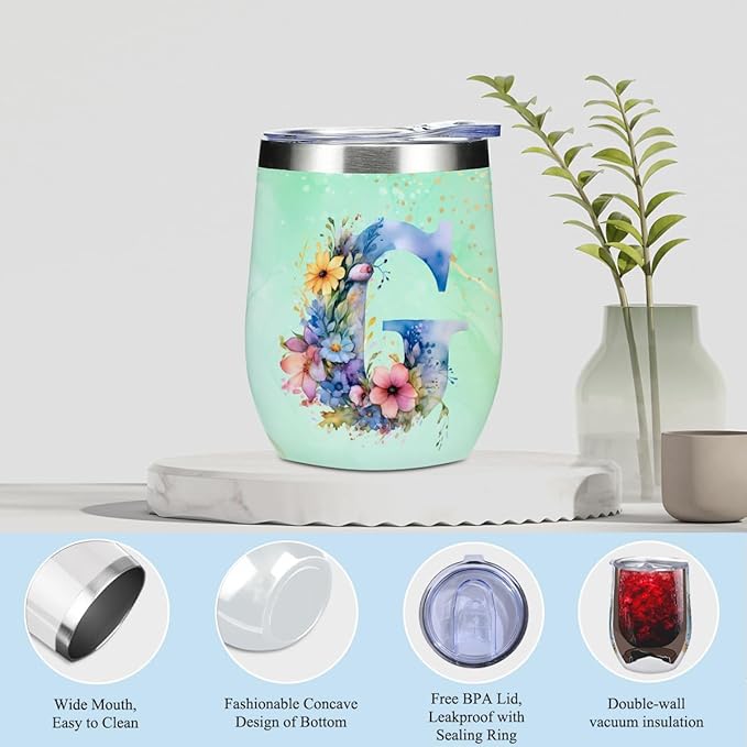 Personalized Gifts Monogrammed Birthday Gifts for Women, Her Employee Housewarming Christmas Initial Wine Tumbler Makeup Bag Scented Candle Bracelet Set, (Aesthetic Green Flower G)