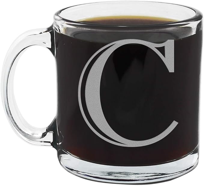 Etched Monogram 12oz Clear Glass Coffee Mug (Letter C), A-Z Customized Gifts for Coffee Lovers, Custom Engraved Gifts for Women Her, Personalized Gift for Men, Initial