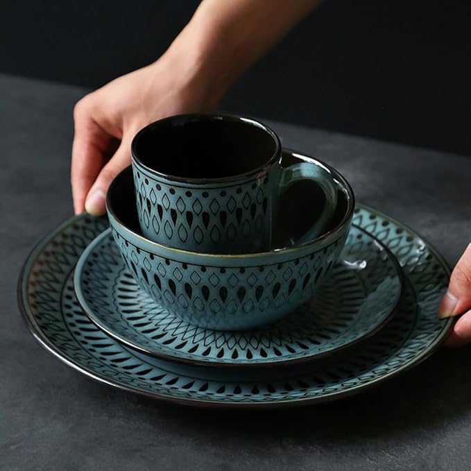 Ceramic Dinnerware Set of 4, 4 Pieces Porcelain Dinner Plate, Bowl, Mug for Kitchen – Unique Gift Idea, Scratch Resistant Dishes, Dishwasher & Microwave Safe (Peacock Green)