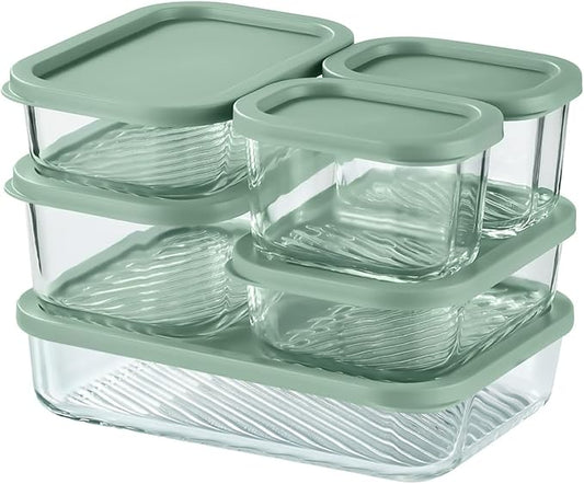 EATEX 6 Pack Glass Meal Prep Containers with Grooved Base, 6 Stackable BPA Free Glass Storage Containers with Lids for Lunch, Pantry, and Kitchen - Microwave, Dishwasher Freezer & Oven Safe - Sage