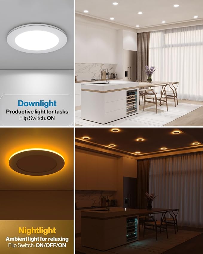Sunco 6 Pack 4 Inch LED Recessed Lights with Night Light, Slim Ceiling Lighting, 900 Lumens, 11W (80 W Equivalent), Selectable CCT 2700K/3000K/3500K/4000K/5000K, Dimmable, Canless with Junction Box.