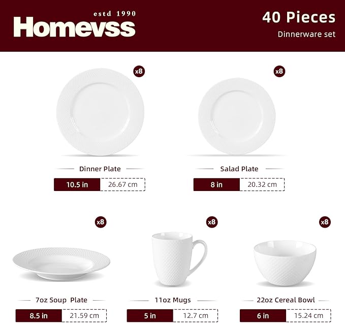 HomeVss, New Bone China Embossed Rain Drops 40pc Dinnerware Set