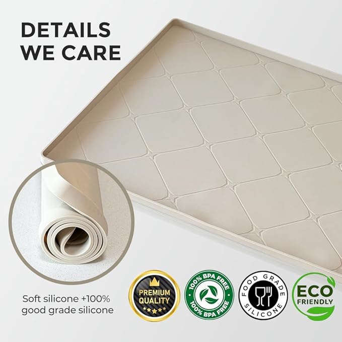34" x 22" Under Sink Liner and Protector for Bottom of Kitchen Sink Beige, Waterproof Under-Sink Organizers Sink Mat Protectors, Flexible Silicone Drip Tray Pet Food Mats