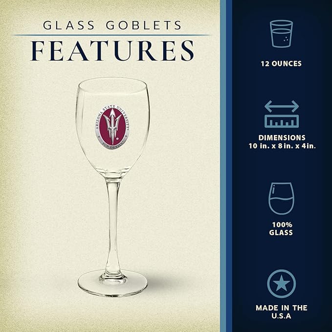 Heritage Pewter Arizona State ASU Sun Devils Glass Goblets – Set of 2 | 12 OZ Goblet Wine Glasses | Expertly Crafted Pewter Glass