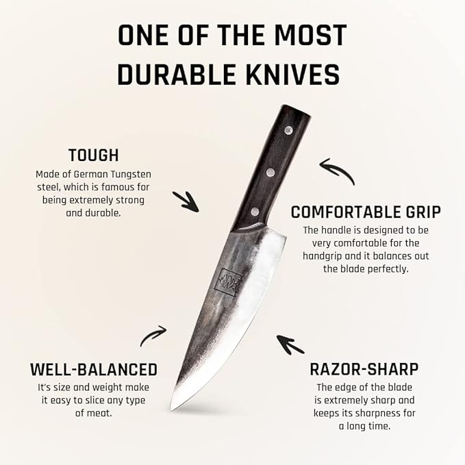 COOLINA Altomino Tungsten Steel Slicing Knife, 7.1-in Japanese Traditional Chef, Forged Hammered Kitchen Knife, Outdoor Cooking Hunting Survival Knives