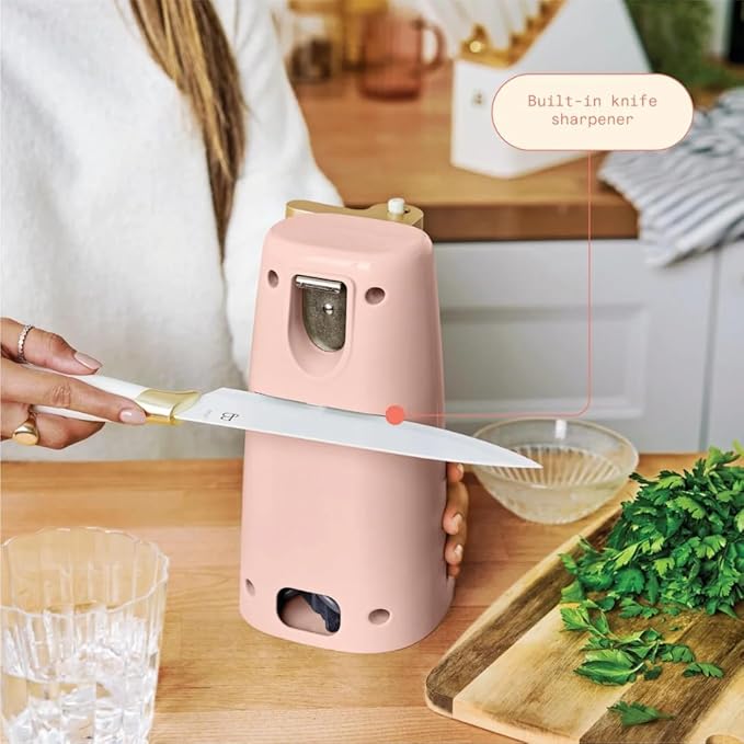 Beautiful Electric Can Opener with Auto-Turn, Magnetic Lid Holder, Knife Sharpener, Bottle Opener, Removable Lever, Cord Storage, No-Tilt Base, Stainless Steel Blade, 70W (Rose)