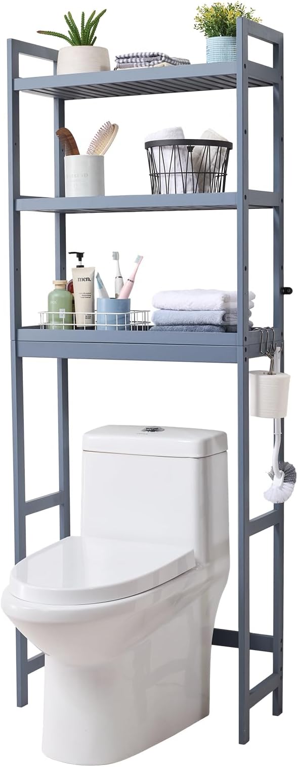 VEVOR Over the Toilet Storage, 3-Tier Adjustable Over Toilet Bathroom Organizer, Bamboo Storage Shelf Rack with 3 Hooks, Freestanding Easy Assembly Laundry Space Saver, Fit Most Toilets, Gray