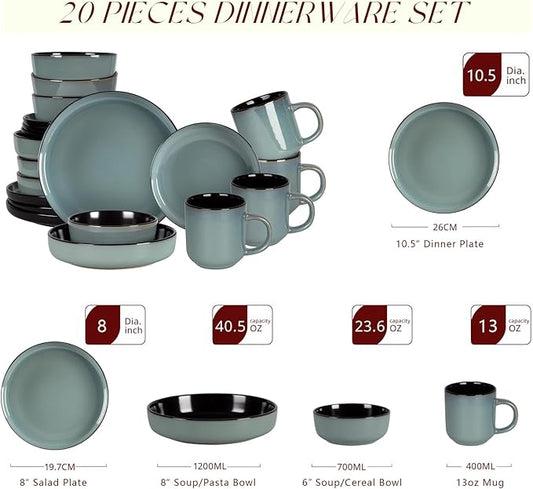 HomeVSS 20-Piece Dinnerware Set - Serves 4, Reactive Glaze Green Plates & Bowls Set | Microwave & Dishwasher Safe Dishes Set