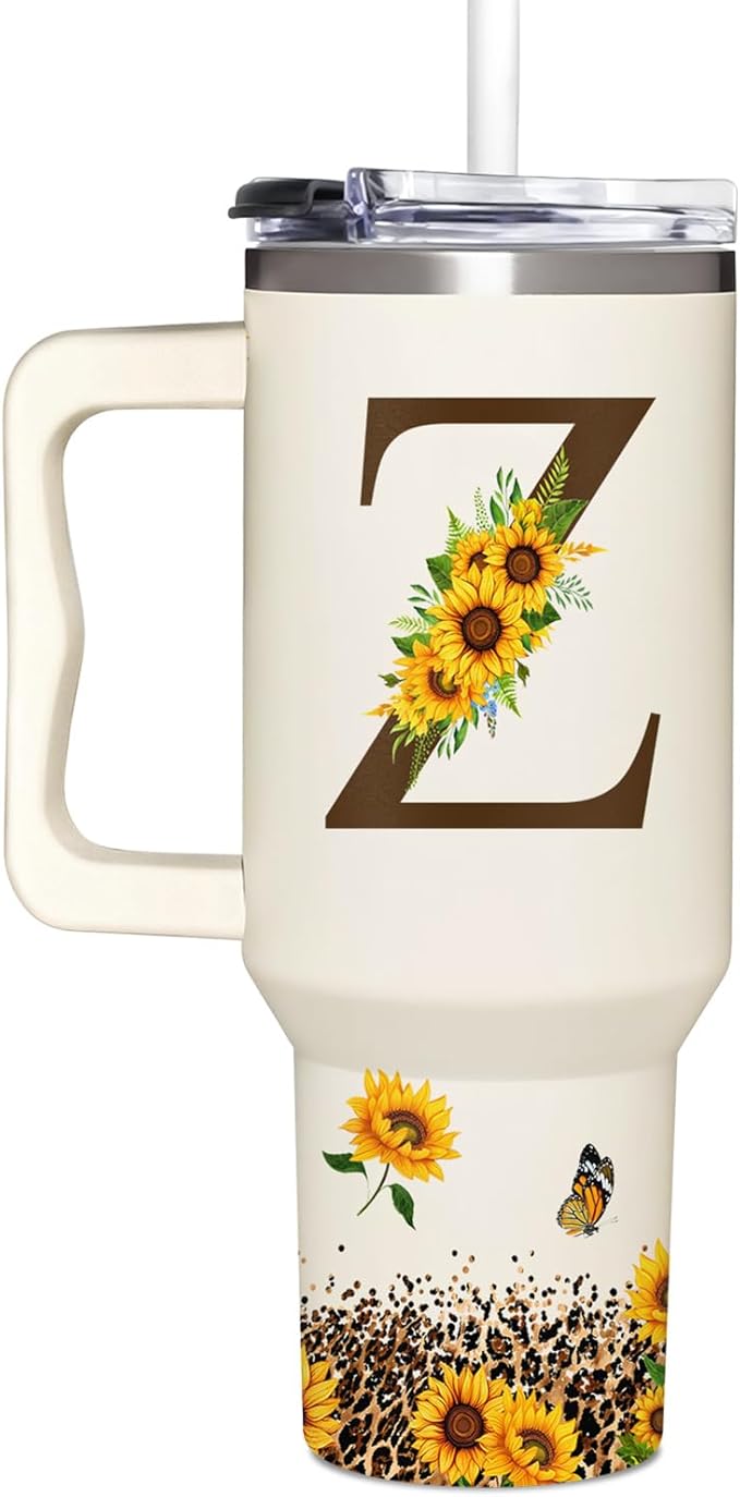 Personalized Birthday Gifts For Women - Sunflowers Monogrammed Cup For Boss Day, Christmas - Customized Gifts For Women, Mom, Wife, Coworkers, Boss Lady, Her - Custom Tumbler With Handle 40oz