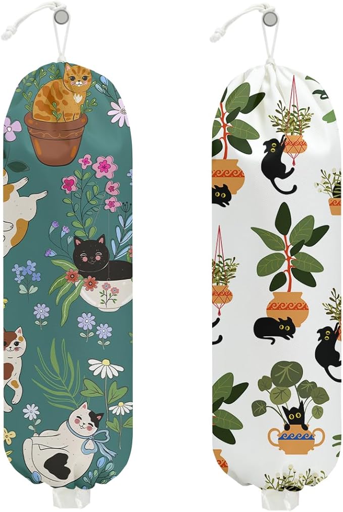 2 Pcs Cute Cat Plastic Bag Holder, Floral Plastic Storage bag Holders for Grocery Bags, Washable Large Grocery Bags Storage Dispenser for Home Kitchen Pantry Decor, Cat Lover Gifts for Women