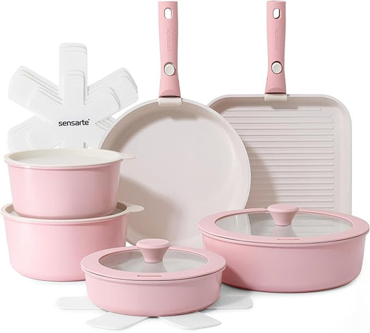 SENSARTE 17 Piece Ceramic Pots and Pans Set, Nonstick Detachable Handle Cookware, Induction Kitchen Cookware Set with Removable Handle, Dishwasher ＆ Oven Safe (Pink)
