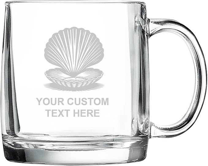Clam, Personalized 12.5 oz Polar Camel Glass Coffee Desk Mug – Custom Laser Engraved Clear Cup for Tea, Espresso, Latte, Whiskey - Microwave Safe/Made in USA