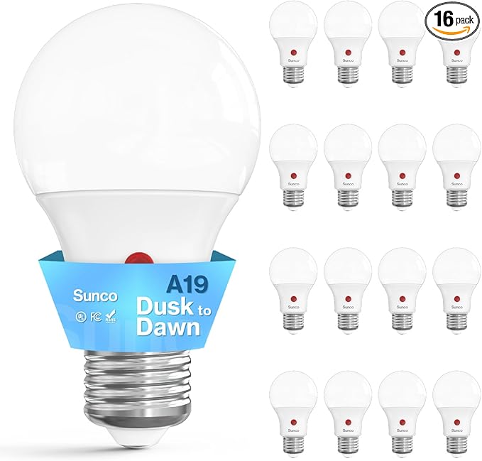 Sunco 16 Pack Dusk to Dawn LED Outdoor Light Bulb A19, Photocell Automatic for Exterior Lighting, 800 LM, 9W (60W Eqv.), 2700K Soft White, Auto On/Off Sensor, IP65 Rated UL.
