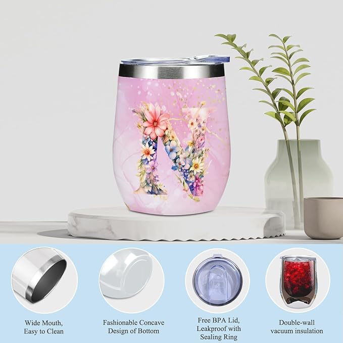 Personalized Gifts Monogrammed Birthday Gifts for Women, Colleague, Leader Mentor Female Farewell Christmas, Initial Wine Tumbler Makeup Bag Scented Candle Bracelet Set, (Aesthetic Pink Flower N)
