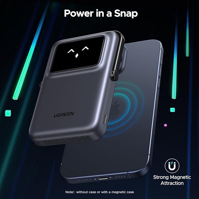 UGREEN Uno 10000mAh Magnetic Portable Charger, Qi 7.5W Wireless Power Bank, PD 20W USB C Battery Pack with Foldable Stand and TFT Display MagSafe Compatible iPhone 17/16 /15/14/13/12 Series, Black