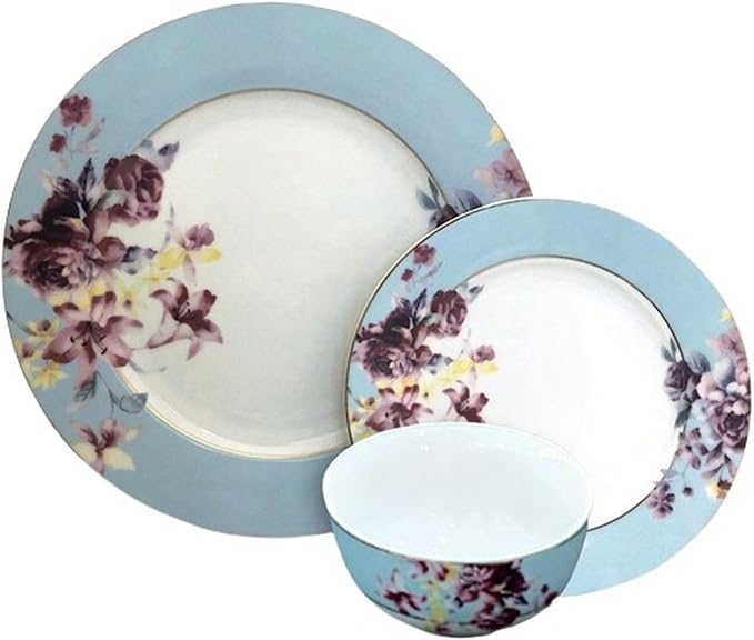 Gusto Buono Floral Porcelain 12-Piece Set, Designed in Italy, 4 Cereal Bowls (5.5), 4 Salad Plates (7.5), and 4 Dinner Plates (10.5), Blue