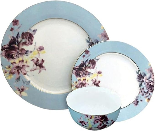 Gusto Buono Floral Porcelain 12-Piece Set, Designed in Italy, 4 Cereal Bowls (5.5), 4 Salad Plates (7.5), and 4 Dinner Plates (10.5), Blue