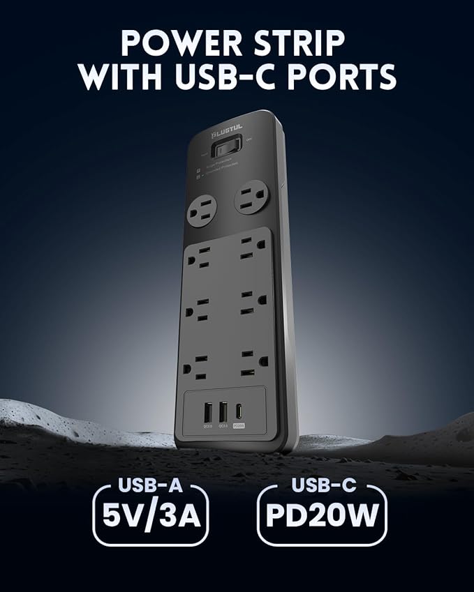 Surge Protector Power Strip 10FT, PLUGTUL Surge Protector with 8 Outlets - Spacious Design for Large Plugs, Flat Plug, 20W USB C Charging for Home, Office, ETL Listed, 2040J
