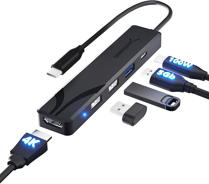 SABRENT USB-C Hub 5-in-1 with 4K HDMI, 100W PD Charging (Input Only), 1x USB 3.0, 2X USB 2.0 – No Data on USB-C Port – Compatible with MacBook, Windows, Linux (HB-TC5P)