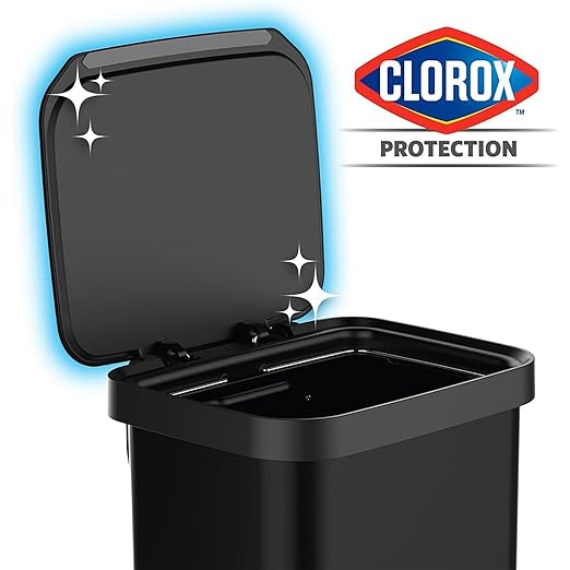Glad Stainless Steel Step Trash Can, Series 2 with Clorox Protection - Large Black Kitchen Garbage Bin with Soft Close Lid, Foot Pedal and Waste Bag Roll Holder, 13 Gallon