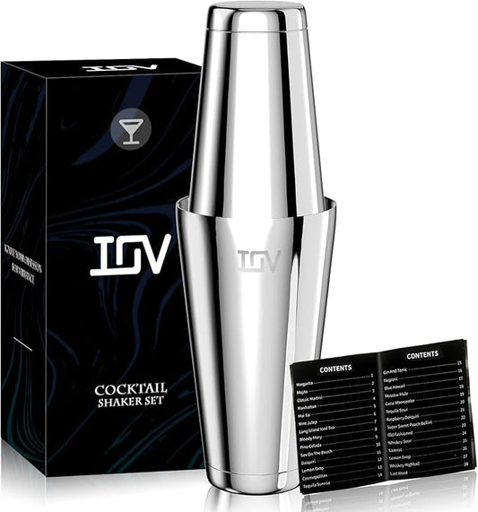 IOV Boston Cocktail Shaker Set, 18oz & 28oz Stainless Steel Weighted Shaker Tins, Metal Martini Drink Mixer for Bartending, Professional Bar Tools with Cocktail Recipe Guide