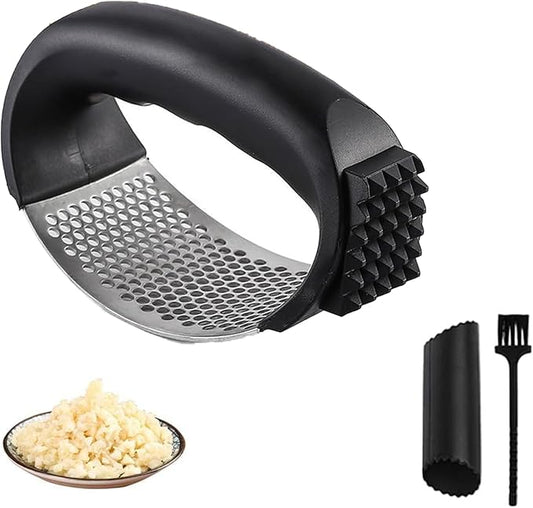 Stainless Steel Garlic Press,2025 New Upgraded Garlic Press Rocker,Garlic Crusher with Peeler and Cleaning Brush, Garlic Chopper for Crush Garlic Kitchen Gadgets, Kitchen Tools. (Black)