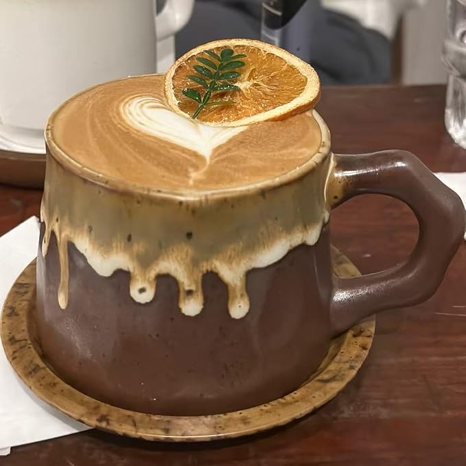 10oz Unique Vintage Retro Handmade Ceramic Cappuccino Barista Cup with Saucer –Rustic Stoneware Coffee Mug, Lead-Free Latte Art Mug，Handmade ceramic cappuccino cups or tea cup, Brown