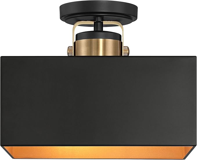 Possini Euro Design Artemis 12" Modern Semi Flush-Mount Ceiling Light Fixture Kitchen Foyer Hallway 2-Light Black Gold Finish Metal Bedroom Bathroom Entryway Living Room Indoor Office Mini