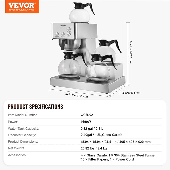 VEVOR Commercial Drip Coffee Maker, 12 Cups Coffee-Maker Machine with 4 Glass Carafes and 4 Decanter Warmer Plates, Stainless Steel Drip Style Coffee Brewer, for Restaurant, Office, Coffee Shop & Home