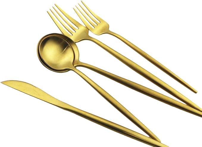 Gugrida Gold Flatware, Royal 5 Piece Luxury Matte Finish 18/10 Stainless Steel Tableware Sets for 1 Including Forks Spoons Knives, Camping Silverware Travel Utensils Set Cutlery (Gold)